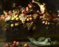 Jan Roos - Still Life of Fruit and Vegetables with Two Monkeys